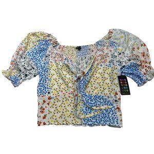 Green Goddess Y2K Top Womens M Patchwork Floral Cropped Smocked Puff Sleeve Boho